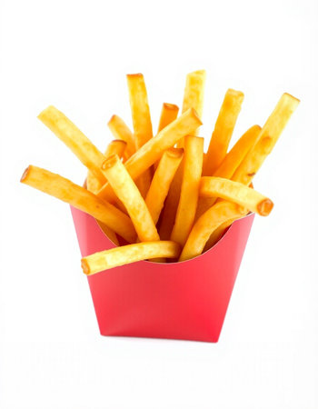 French fries in a red box isolated on white background. Selective focus.