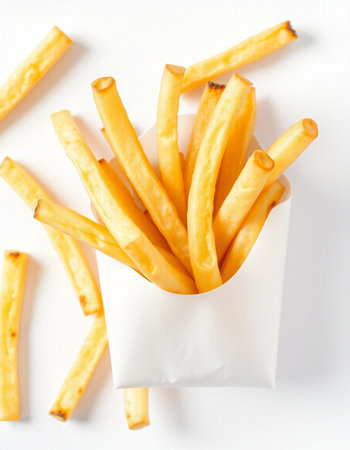 French fries in paper box on white background, top view, close up