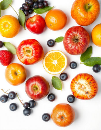Fruits and berries isolated on white background. Flat lay, top viewの写真素材