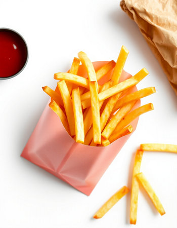 French fries in a paper box with ketchup on a white backgroundの写真素材