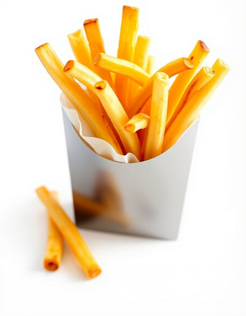 French fries in a paper box on a white background. Close-up.