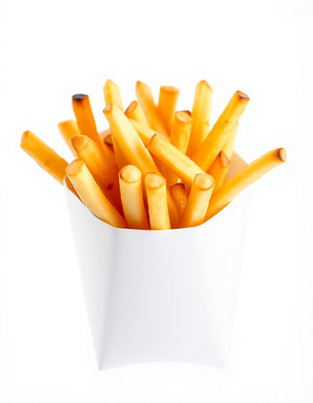 French fries in a white bowl on a white background.