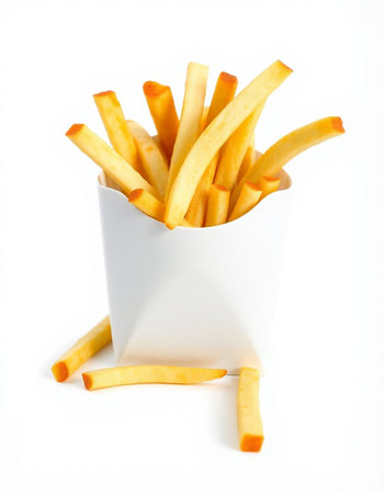 French fries in a paper box isolated on white background. Selective focus.