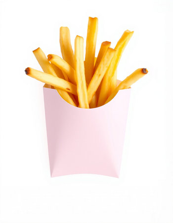French fries in a paper box isolated on white background. Top view.の写真素材