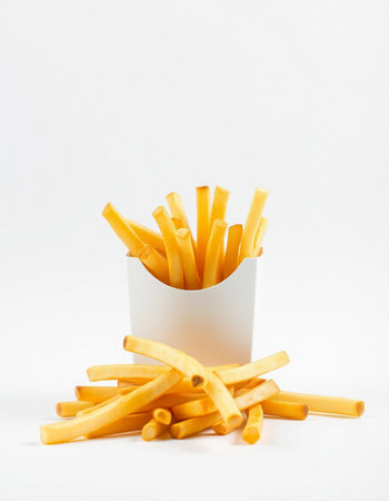 Golden French fries in a white box isolated on a white background.