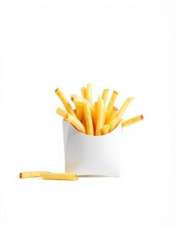 French fries in a white box on a white background. Isolated