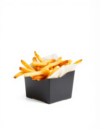 French fries in a paper box on a white background. Isolated