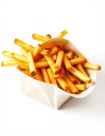 French fries in a white box on a white background. Fast food.