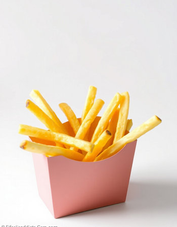 French fries in a pink box on a white background. Selective focus