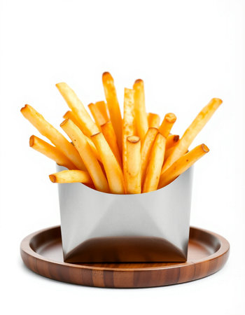 French fries in a box isolated on white background. Selective focus.
