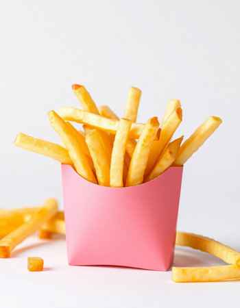 French fries in a pink box on a white background. Selective focus.の写真素材