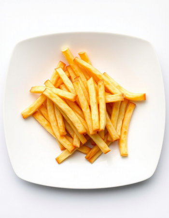 French fries on white plate isolated on white background, top view.の写真素材