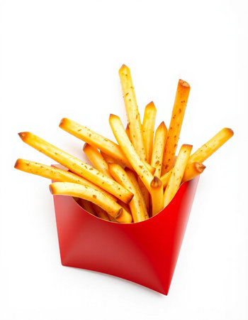 French fries in a red box isolated on white background with clipping path