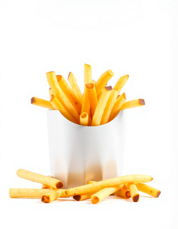 French fries in a white bowl isolated on white background. Selective focus.