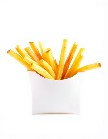 French fries in a white box on a white background. Isolated