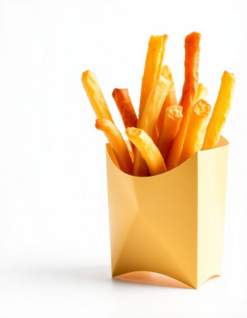 French fries in paper bag isolated on white background.