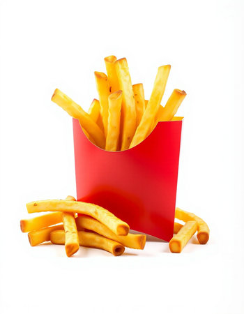 French fries in red box isolated on white background. Fast food.