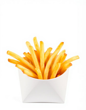 French fries in a white box on a white background. Isolated