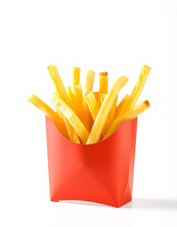 French fries in red box isolated on white background. Close up.