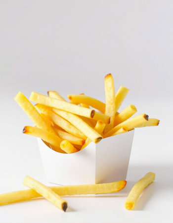 French fries in a paper cup on a white background. Selective focus.