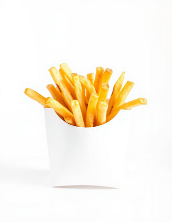 French fries in a white paper box on a white background, isolated