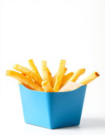 French fries in a blue box on a white background, close-upの写真素材
