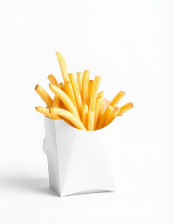 French fries in a white box on a white background. Isolated