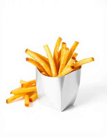 French fries in a white box on a white background.