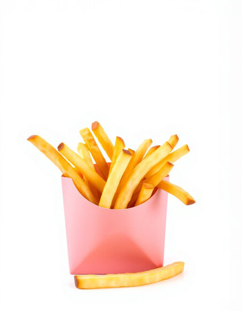French fries in a pink box on a white background. Isolatedの写真素材