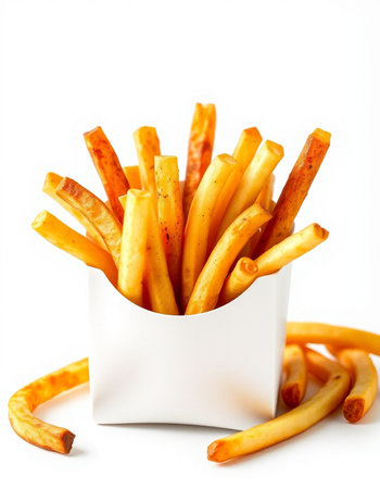 French fries in a white box on a white background. Selective focus.