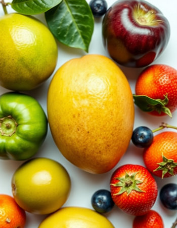 Fruits and vegetables on a white background. View from above.