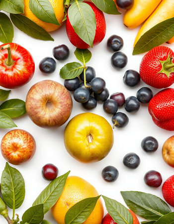 Fruits and berries isolated on white background. Top view. Flat lay pattern