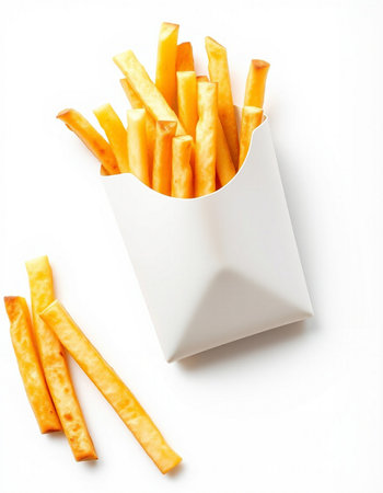 French fries in a white box on a white background, top view
