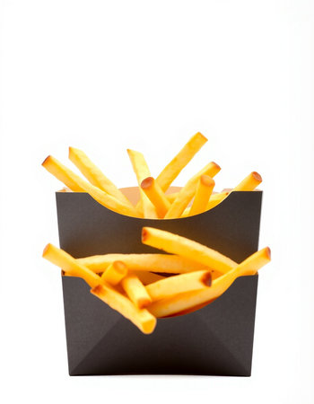 French fries in a paper box on a white background. Isolatedの写真素材