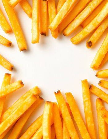 French fries on white background. Top view. Space for text.