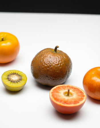 Kiwi, orange and persimmon on a white backgroundの写真素材