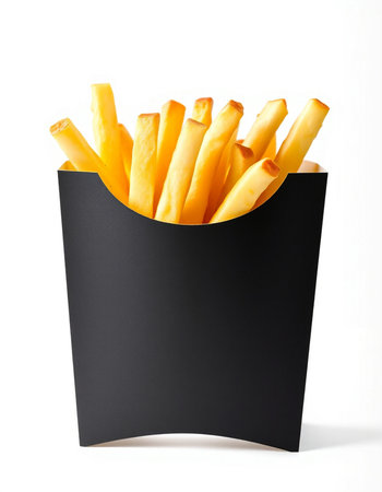 French fries in black paper box isolated on white background, clipping path