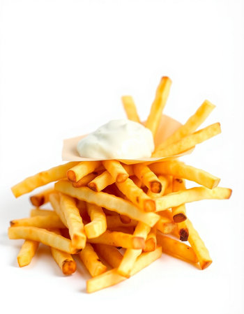 French fries with sour cream on a white background. Selective focus.の写真素材