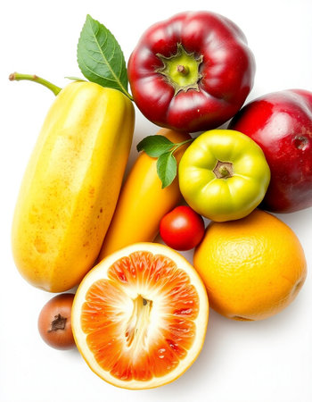 Fresh fruits and vegetables isolated on white background. Healthy food concept.