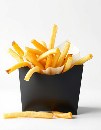 French fries in a black box on a white background, fast food