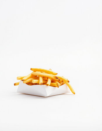French fries in a white box on a white background. Fast food.