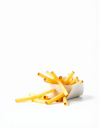 French fries in a paper box on a white background. Isolated