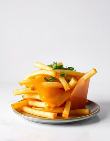 French fries with cheese and parsley on a plate on a white background