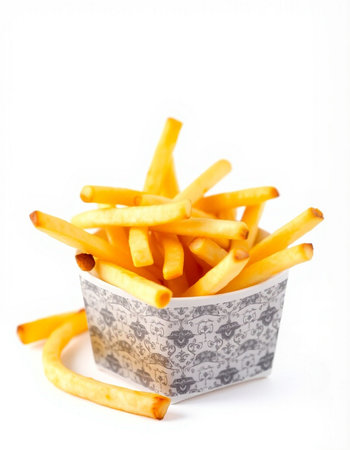 Golden French fries in a paper box isolated on a white background.