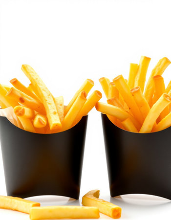 French fries in paper cups isolated on white background. Close up.