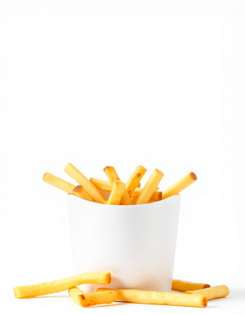 French fries in paper cup isolated on white background. Fast food.