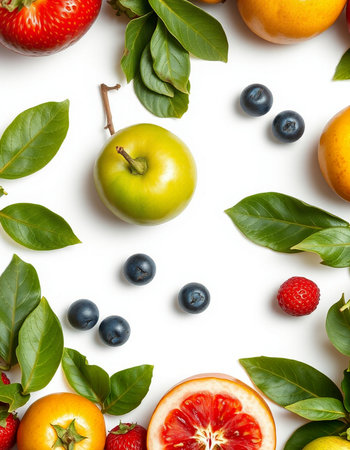 Fruits and berries on white background. Flat lay, top view
