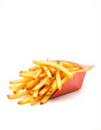 French fries in a red box on a white background. Isolated
