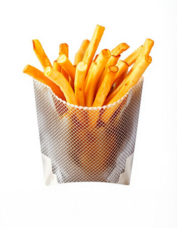 Crispy french fries in basket isolated on white background.