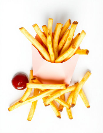 French fries in a pink box with ketchup on a white background